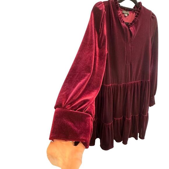 1.State Womens Tiered Peasant Dress Size Large Red Burgundy Velvet Whimsigoth - Picture 6 of 8